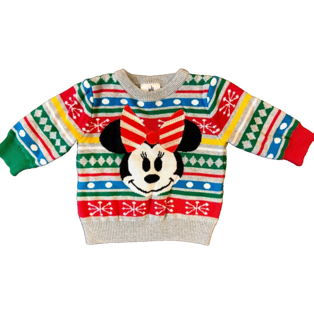 Disney Store Minnie Mouse Family Christmas Sweater Girl 3-6 Months Colorful Bow